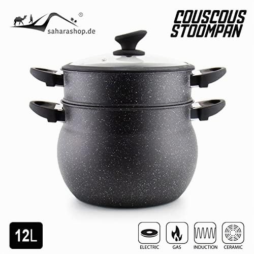 3 tlg. CousCous Topf/Dampfgarer Agadir 12 Liter, Couscoussiere Kuskus Dämpfer Induktion mit Glasdeckel Couscous-Gemüse-/ Kartoffeldämpfer, Kochtopf induktionsgeeignet