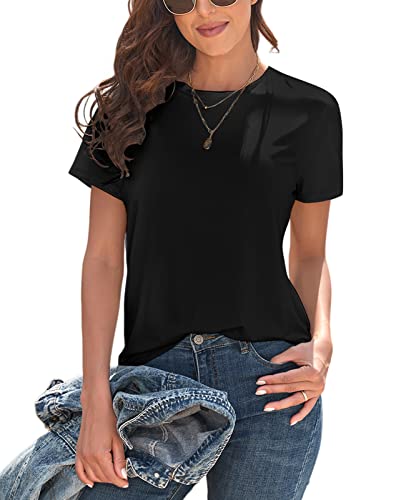 KevaMolly Basic Black T Shirts for Women UPF 50+ Short Sleeve Casual Solid Summer Tops Trendy Solid Loose Fit Tshirt S