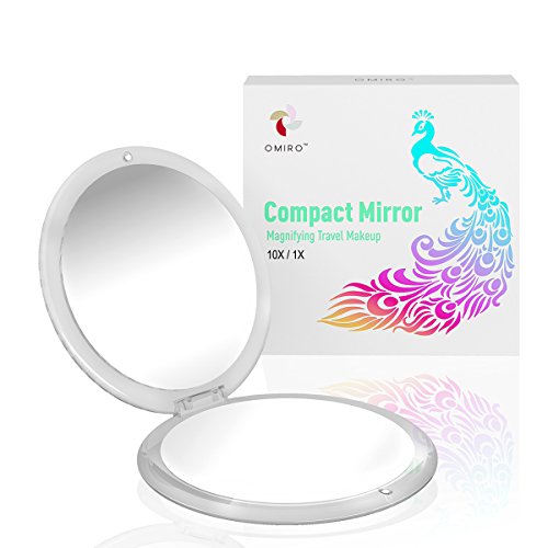 OMIRO Magnifying Compact Mirror, 1X/10X Magnification 3½ Pocket Size Round Acrylic Folding Hand Mirror for Travel Makeup (Silver)