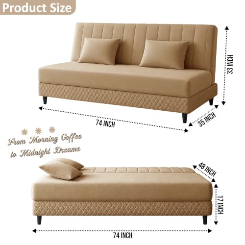 Image of Rosebell Modern 3 Seater Velvet Sofa Cum Bed with Cushion | Premium Upholstered Fabric | Tufted Backrest | Wooden Legs | Living Room Furniture | Golden