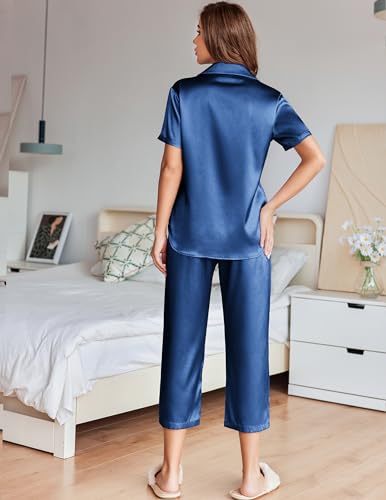Image of Ekouaer Womens Satin Pajamas Silk Capri Pjs 2 Piece Lounge Sets Short Sleeve Button Down Sleepwear