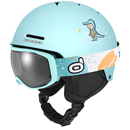 Odoland Kids Ski Helmet, Snow Helmet with Ski Goggles Set for Boys and Girls, Shockproof, Windproof, Safety Snowboard Sports Helmets and Protective Goggles for Children Age 6-14 Cyan S(54-56