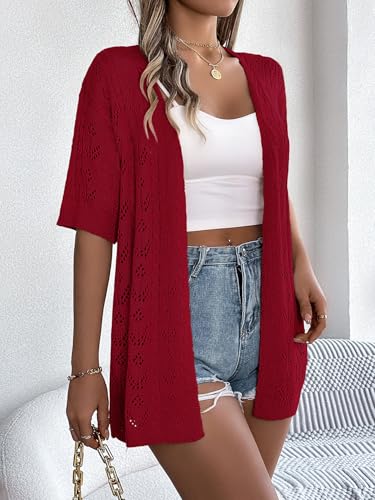 Image of Spicy Sandia Women's Loose Fit Short Sleeve Crochet Cardigan Sweaters for Summer