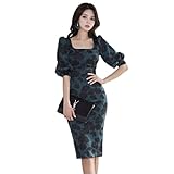 [GRAXIA] 【グラシア】キャバドレス ミディアムドレス パフスリーブ ハイウエスト ワンピース キャバ嬢 キャバクラ ラウンジ 五分袖 花柄 スリット 伸縮性 膝丈 レディース グリーン×花柄 Mサイズ