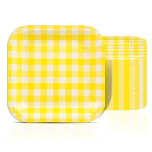 Lot de 50 assiettes en carton à rayures jaunes jetables, carrées, 17,8 cm, pour dîner, dessert,...