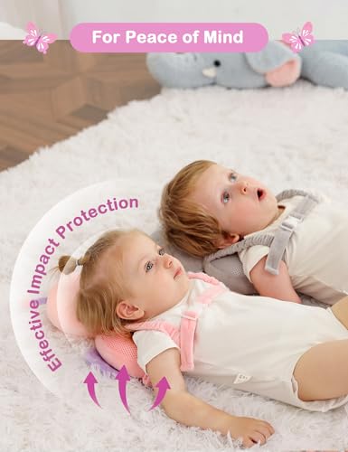 Image of JunNeng Baby Head Protector Backpack for Walking Crawling, Dot Butterfly | Soft, Breathable, Adjustable, Baby Fall Back Head Protector for Falling, Purple Dots Butterfly
