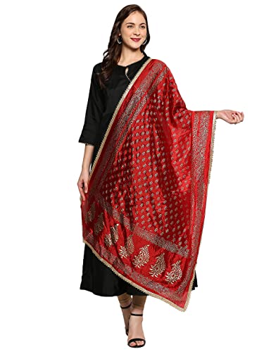 DUPATTA BAZAAR Women's Gold Printed Silk Dupatta Free Red