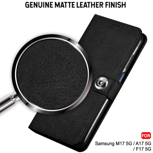 Image of TheGiftKart Flip Cover Back Case for Samsung Galaxy M17 5G / A17 5G / F17 5G | Genuine Leather Finish | Designer Button | Inbuilt Pockets & Stand | Flip Cover Back Cover Case (Faux Leather, Black)