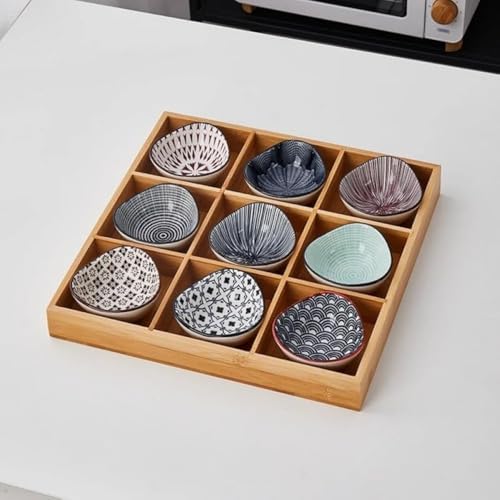 CokBlu和風小皿セット 陶器 9 点 竹トレイ付き 深型仕切り付き小鉢 醤油皿ソース皿 セラミック前菜皿盛り鉢 和食器 天然木トレイ 火鍋焼肉屋寿司屋対応 食洗機可