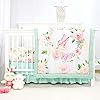 CARUILI 4-Piece Crib Bedding Set, Baby Girl Crib Bedding Set Butterflies Floral Nursery Bedding Set Includes Comforter, Fitted Crib Sheet, Crib Skirt, and Diaper Stacker, Green & Pink