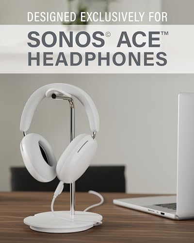 Image of Sanus Sonos Ace Headphones Stand - Premium Stand w /Silicone Cradle Prevents Creasing & Built-in Cable Management w /Magnetic Clip for Fast Charging - Tool-Free Setup - White Sonos Headphones Holder