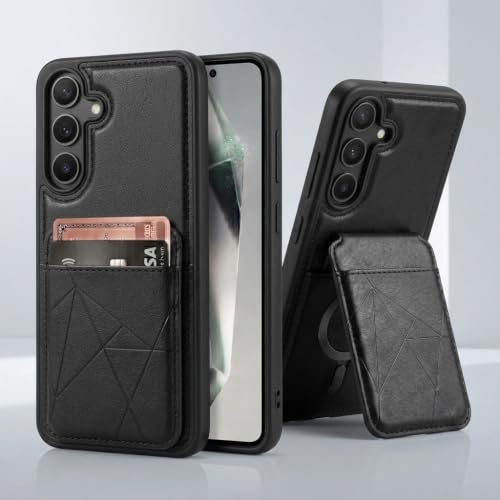 Image of amazon basics Premium Vegan Leather Back Cover with Card Holder and Integrated Mobile Stand for Samsung Galaxy S25FE 5G - Slim Shockproof Wallet Case with Geometric Stitching [Black]