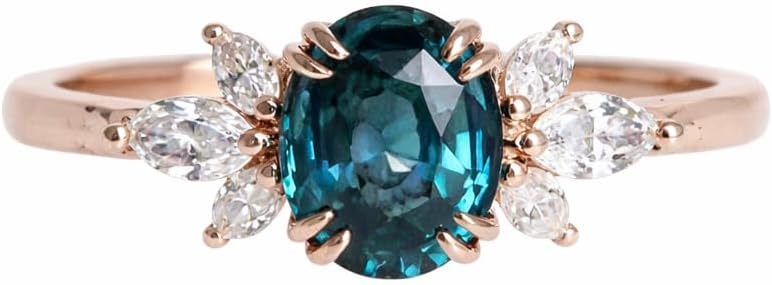 Oval Shape Teal Sapphire With Accent Marquise Moissanite Ring 925 Sterling Silver Green Blue Gemstone Ring For Women Bridal Promise Ring