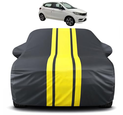 Image of Auto Hub Car Cover Compatible with Tata Tiago Front Antenna with Mirror Pocket, Soft Cotton Lining, Tiago Car Cover Waterproof - Yellow-Black