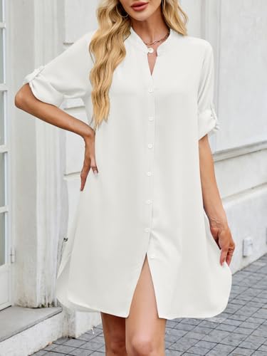 Image of PerZeal Womens Sexy V Neck Button Down Shirt Dresses Summer Short Sleeve Casual Loose Blouses & Button-Down Shifts Cover Ups