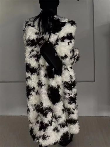 Shaggy Fluffy Faux Fur Coat black white Color Sweater, Long Sleeve long Jacket, Women's Fashion Puffy Overcoat Outwear2