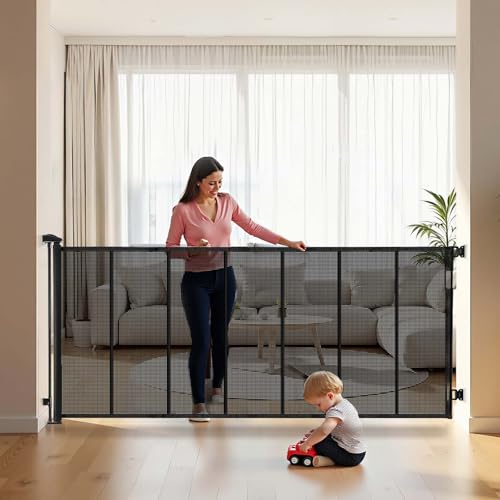 VEVOR Cancelletto Retrattile, Rete Estensibile max. 3050 mm di Larghezza, Altezza 980 mm, con Strisce in Fibra di Vetro Rinforzata, Cancelletto Retrattile in Rete per Cani, Animali Domestici, Nero