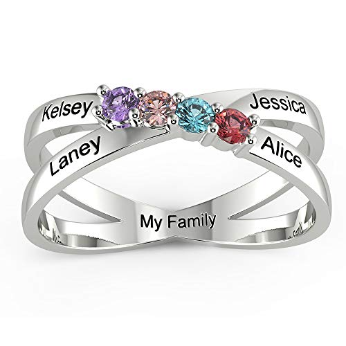 Personalized Mothers Rings with 4 Simulated Birthstones Rings for Grandma Engraved Family Name Rings Anniversary Rings for Women (Silver, 6)