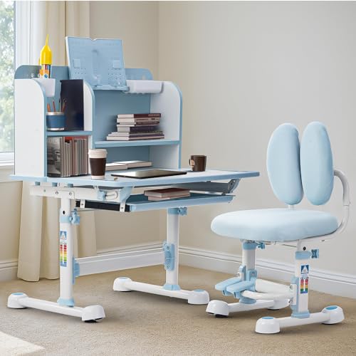 Image of BAYBEE Baby Study Table with Chair for Kids | Ergonomic Study Table with Height Adjustable Desk & Chair | Functional Study Desk with Book Storage, Drawer, Multi Shelf, Footrest for 2+ Years kids(Blue)
