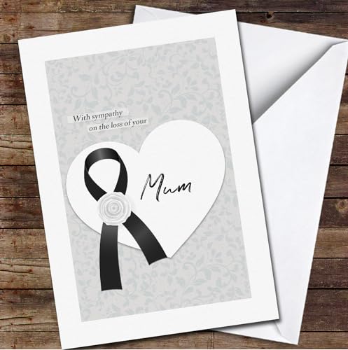 Black Ribbon With White Rose Flower Sympathy Loss Personalized Card |Custom Greetings Card Personalized Holiday Cards, Birthday Cards, Christmas Cards, Lots of Designs| Standard Or Jumbo Large Personalized Card