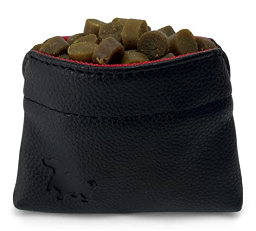Waggly Dog Treat Pouch - Extra Small Dog Treat Bag with Clip and Magnetic Opening â€“ Stylish Pocket Sized Dog Treat Pouch for Training - Vegan Leather - Black with Red Interior