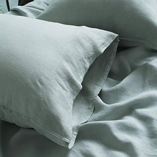 S VICTORY SYMBOL 100% French Natural Linen Bedding Ultra Soft Durable Luxurious Stone Washed 4 Pieces Sheets Set(Water Blue,Queen)