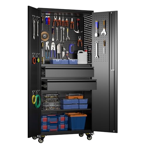 Image of Metal Garage Storage Cabinet with Wheels, 2 Internal Drawers
