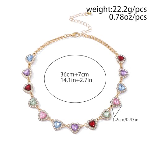 Colorful Hearts Chain Necklace for Women,Dainty Multiple Cubic Zirconia Love Hearts Chain Choker for Woman Jewelry Gifts,Trendy Vintage Boho Necklaces4
