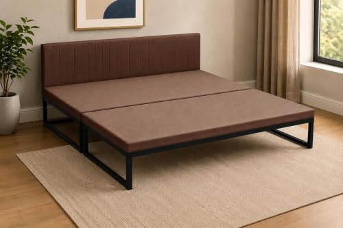 Image of Metal Sofa Cum Bed Modern Industrial Design Metal Frame 3 Seater Sofa Bed for Home, Office & Lounge-Brown