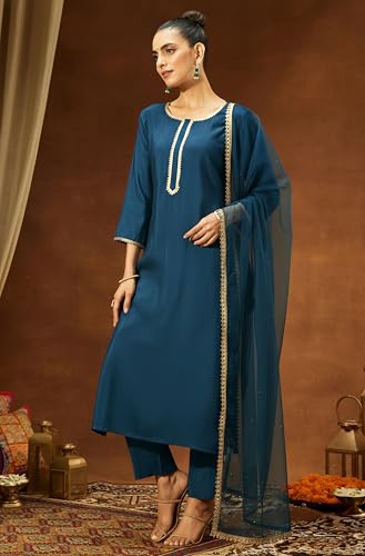 Image of Janasya Women's Chanderi Silk Yoke Design Straight Kurta Set