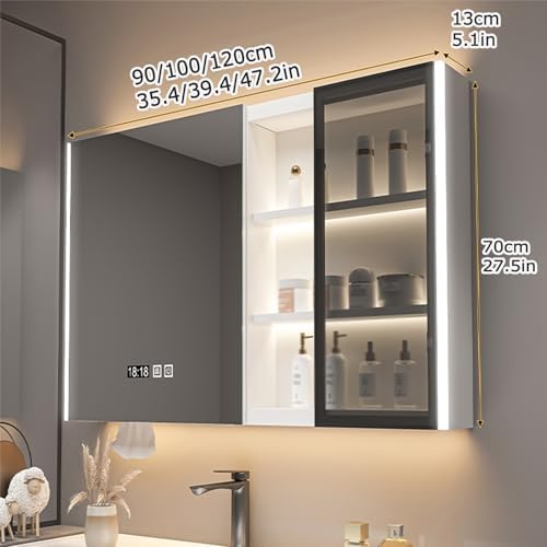 Wall-Mounted Bathroom Cabinet with High-Definition Mirror, Intelligent Defogging, Solid Wood Storage Cupboard, Gray Finish, 100x70CM (39.4x27.5IN)