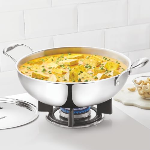 Image of Borosil Cookfresh Tri-ply Stainless Steel Kadhai with Lid | Gas, Induction Compatible | Even Heat Distribution | SS304 Food Grade Steel Wok | Dishawasher Safe Kadai | 5 Year Warranty (4.6 L)