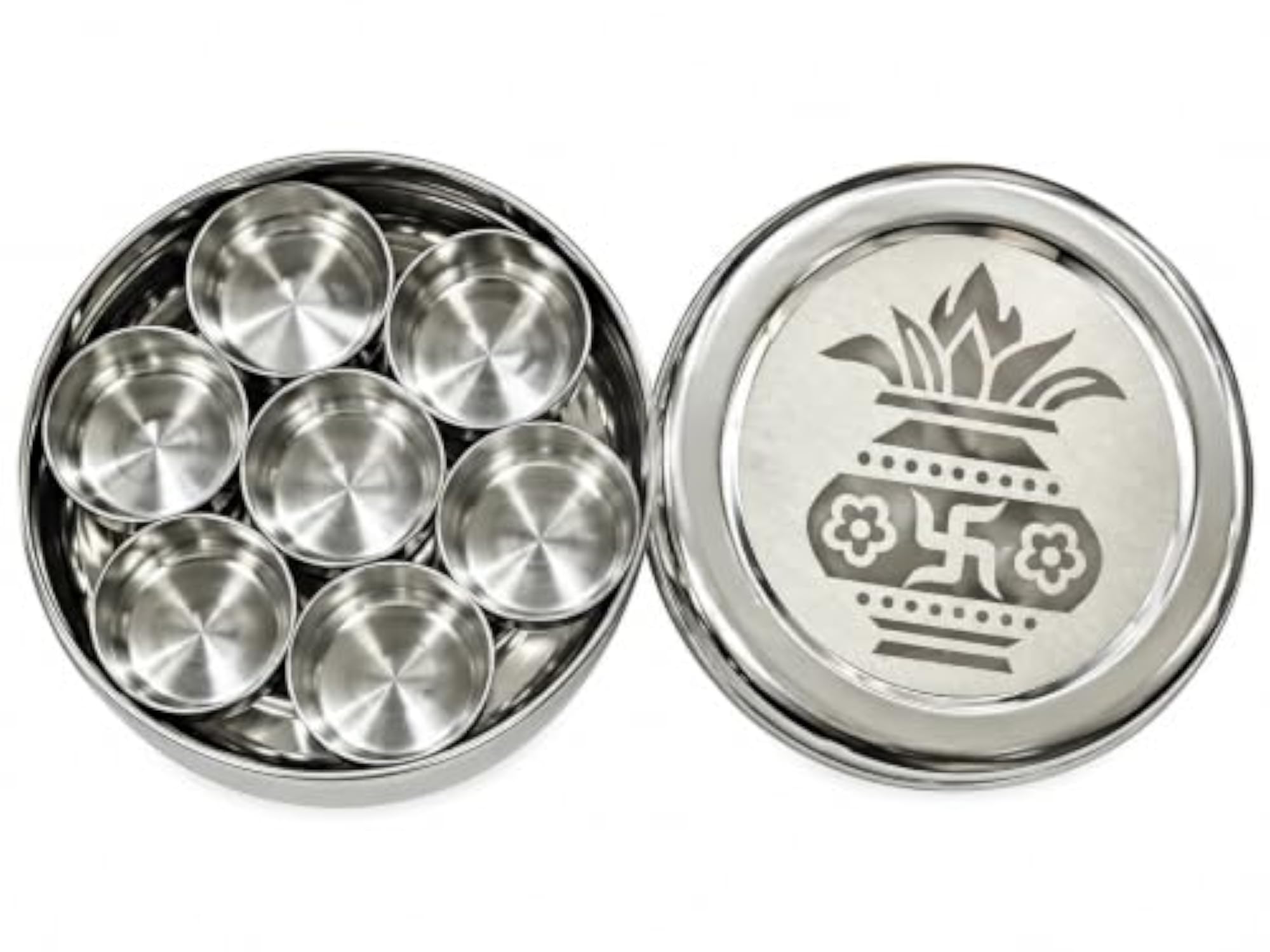 Stainless Steel Pooja Box with 7 Compartments, 13x4 cm