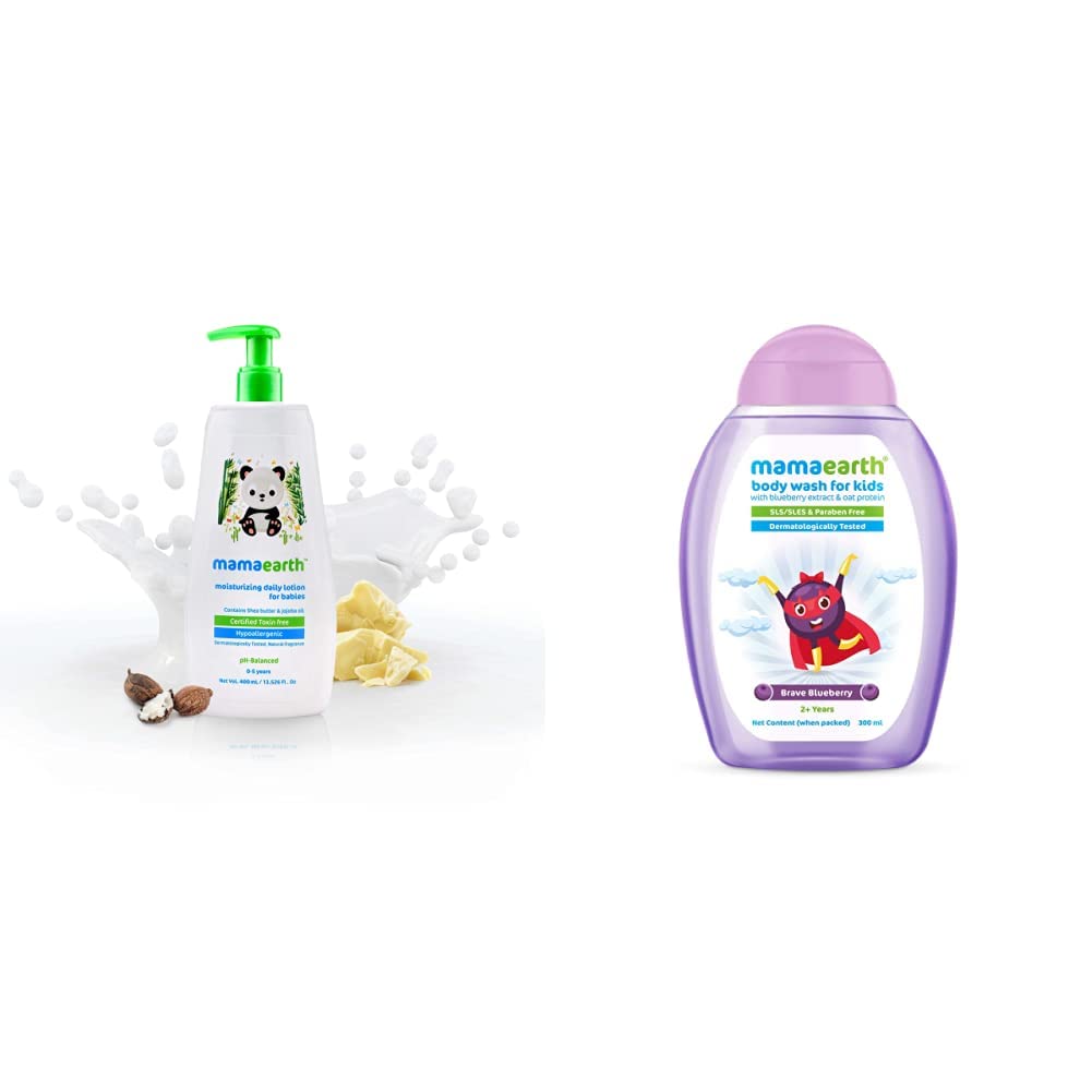 Mamaearth Daily Moisturizing Natural Baby Lotion (400 ml) & Brave Blueberry Body Wash For Kids with Blueberry Oat Protein 300 ml, 1 count