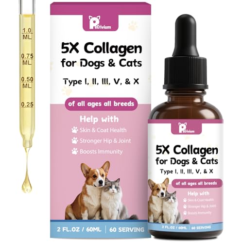 Petrivium Liquid Collagen for Dogs and Cats, 5 Types of Grass-Fed Collagеn (I, II, III, V & X) with MSM, Biotin and Hyaluronic Acid, Daily Wellness Formula, 2 Oz