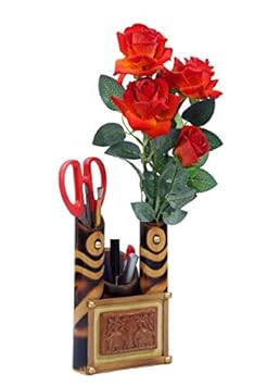 Samyak Bamboo Wooden Polished Pen/Pencil/Marker Desk Stand & Flower Vase With Terracotta Elephants Designed For Office/Home & Study Table Organizer