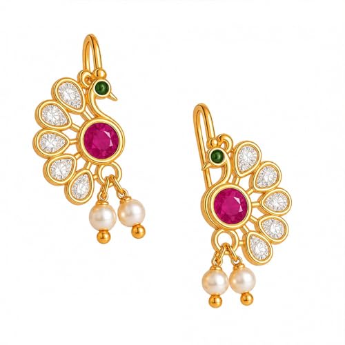Image of VAMA FASHIONS 18K Gold Plated Anti Tarnish Half Moon Peacock Shape Traditional Maharashtrian Press on Bugadi Upper Ear Clip on Earrings For Women & Girls