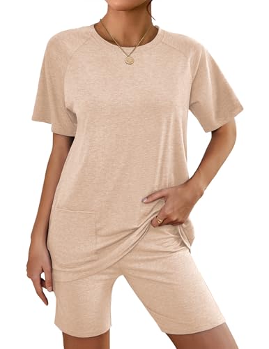 Image of Ekouaer Two Piece Sets for Women Summer Outfits 2026 Lounge Set Crew Neck Tshirts Biker Short Sweatsuit with Pocket
