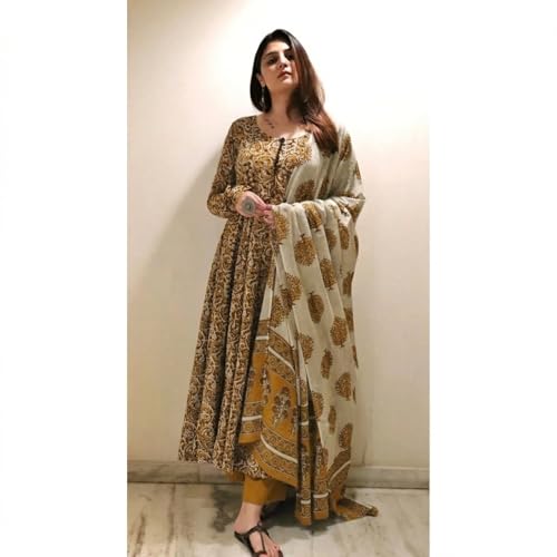 Image of Nermosa Women Printed Anarkali Kurta and Pant Set with Dupatta | Printed Kurta Set | Cotton Suit | Women Kurta Sets |