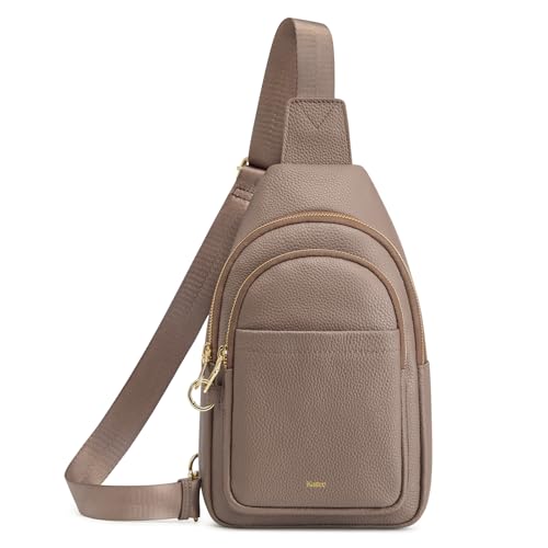 Image of Kattee Sling Bag for Women, Leather Crossbody Bag for Travel, Khaki | Top Grain Pebbled Leather. RFID back pocket, small chest bag fit 6.9-inch phone, fanny pack with adjustable strap.