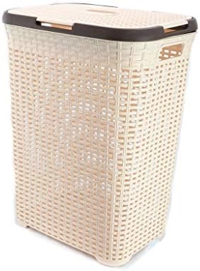 ARIANA HOMEWARE 60 Litre Plastic Laundry Basket Hamper Storage Rattan-Look with Lid & Handles (Cream)
