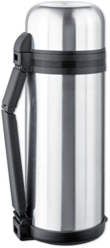 Isosteel VA-9902W 51 fl.oz. Vacuum Flask, 18/8 Stainless Steel, Screw Stopper with 2 gaskets, with Extra Wide Opening, incl. Foldable Handle + Removable Carrying Strap