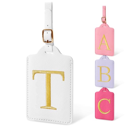 Image of Initial Letter Luggage Tag for Suitcase, Cute Luggage Bag, Waterproof PU Leather Travel Luggage Tag, Suitcase Identifier Name Tag, Monogrammed Suitcases Tags, Bag Tags for Handbags(White T)