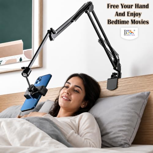Image of BROLAVIYA No Shadow Overhead Video Mobile Stand with Extra Long Metal Arm,12inch Large Selfie Ring Light, 2 Way Base clamp 1 /4 inch Adaptor for Camera, GoPro and Mobile Bracket