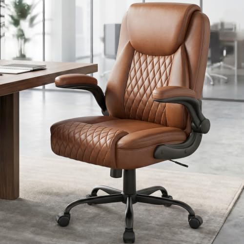GTPOFFICE Executive Office Chair with Comfortable Lumbar Support, Ergonomic Gaming Chair with Flip-up Armrests & Zoned Pressure-Relief Cushion, Comfy Leather Desk Chair, Brown — view 2