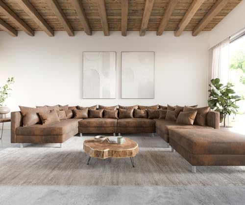 DELIFE Couch Clovis XL Braun Antik Optik mit Hocker Wohnlandschaft Modules Sofa – Bild 5