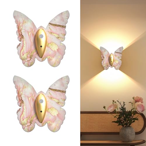 Image of Eneru Motion Sensor Wall Sconce Set of 2, Rechargeable Wall Lights, Indoor | 5000mAh Battery Operated Wall Sconces, Magnetic Butterfly Motion Night Light for Hallway Stair Closet Pantry, Pink & Gold