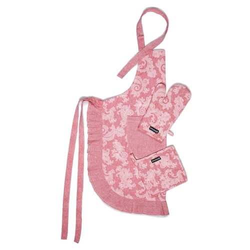 Image of Encasa XO 100% Cotton Apron Set for Women & Men with Adjustable Apron, Oven Gloves & Pot Holder (Pack of 3) Combo, Heat-Resistant, Soft & Durable for Cooking, Baking & Grilling (Floral Red)