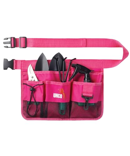 UNCO- Adjustable Gardening Belt Pink 7 Pockets Wear Cut and Water Resistant Garden Tool Belt Pouch Waist Apron with Pockets