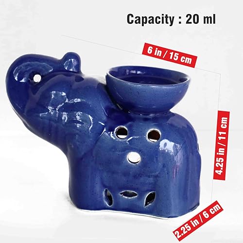 Image of Pure Source India Blue Elephant Ceramic Oil Burner with Tealight Candle - Handcrafted Decorative Aroma Diffuser for Home & Spa Use